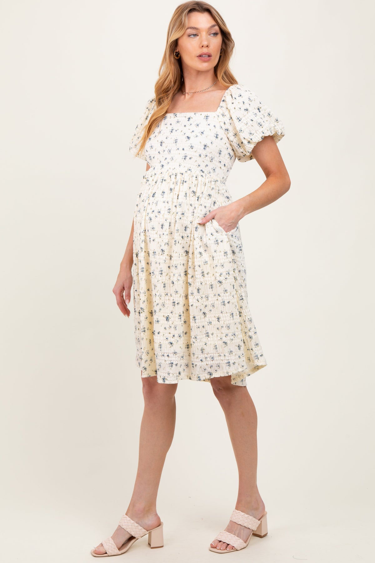 Cream Textured Knit Square Neck Maternity Midi Dress