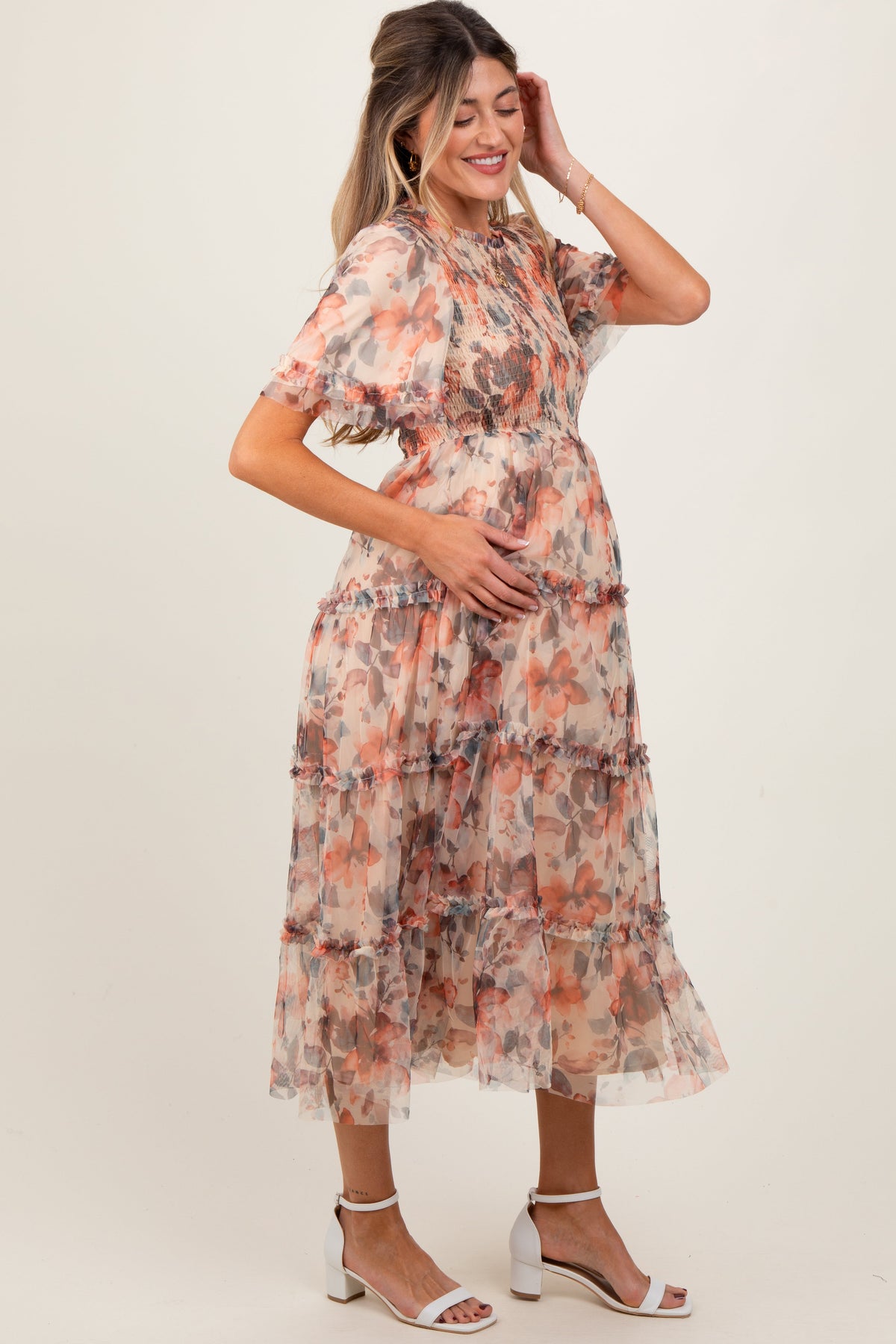 Peach Floral Mesh Smocked Maternity Midi Dress