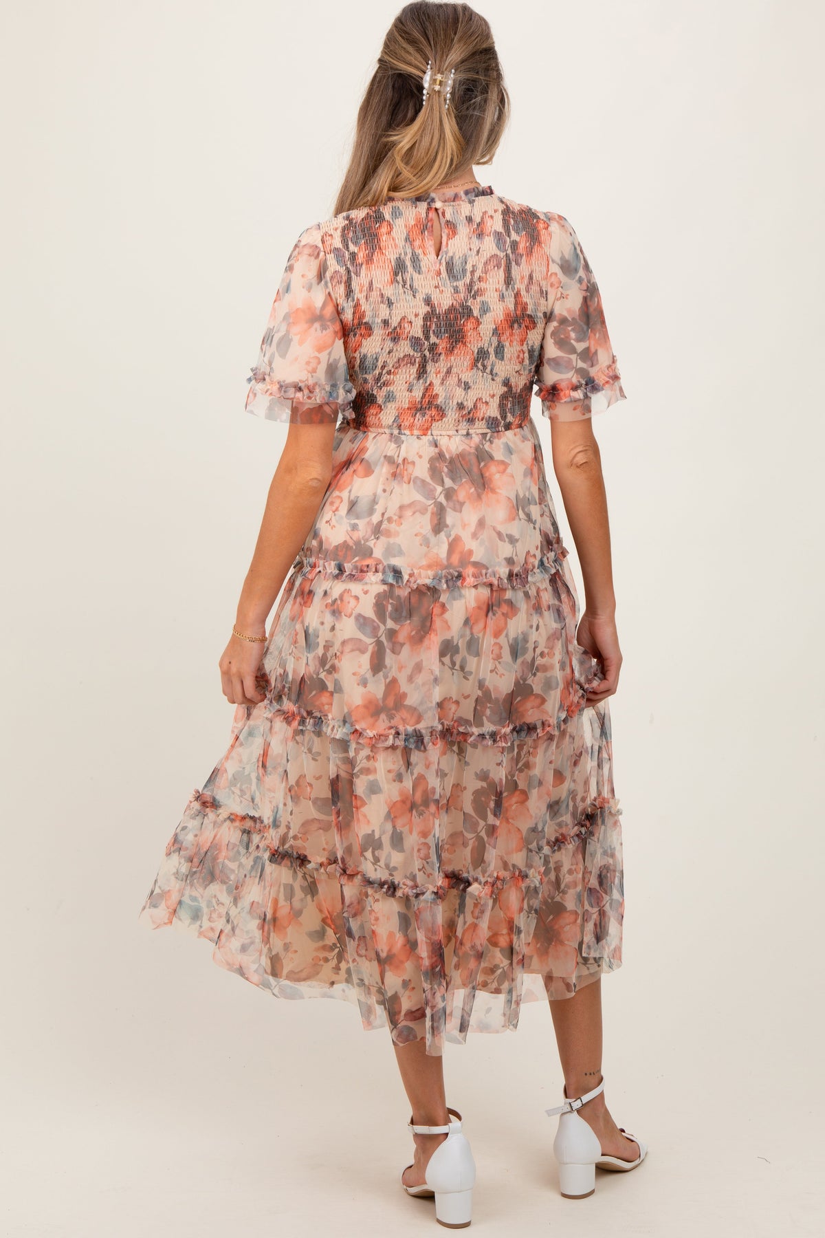 Peach Floral Mesh Smocked Maternity Midi Dress