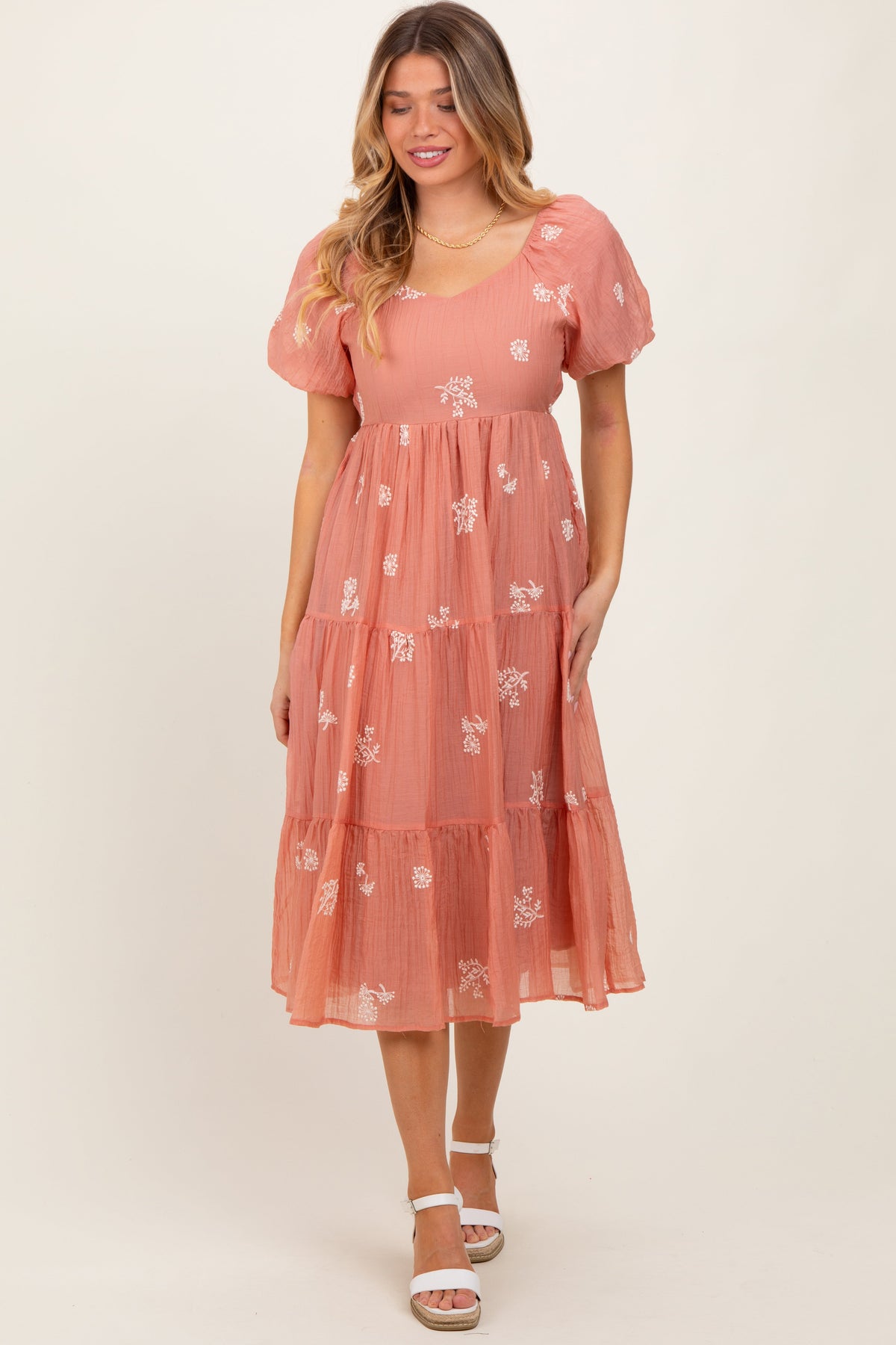 Light Pink Floral Embroidered Tiered Maternity Midi Dress