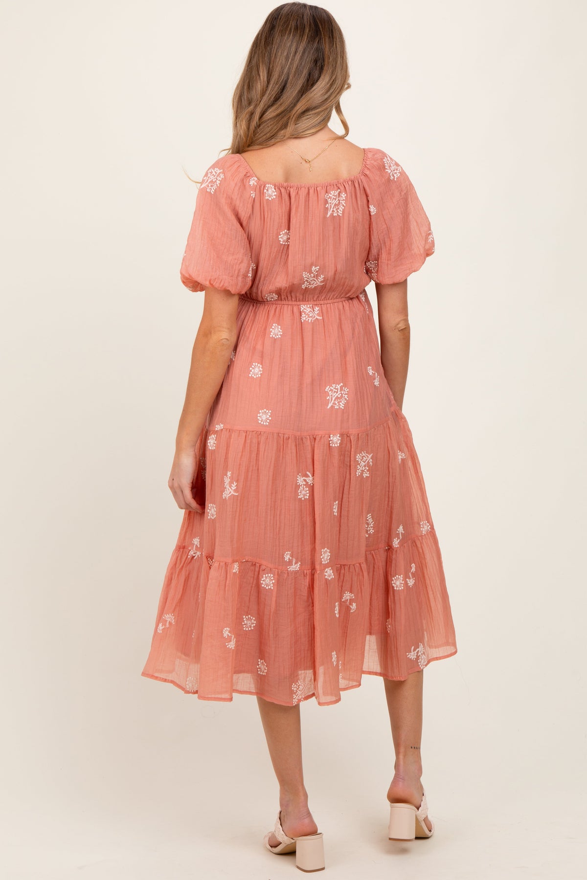 Light Pink Floral Embroidered Tiered Maternity Midi Dress