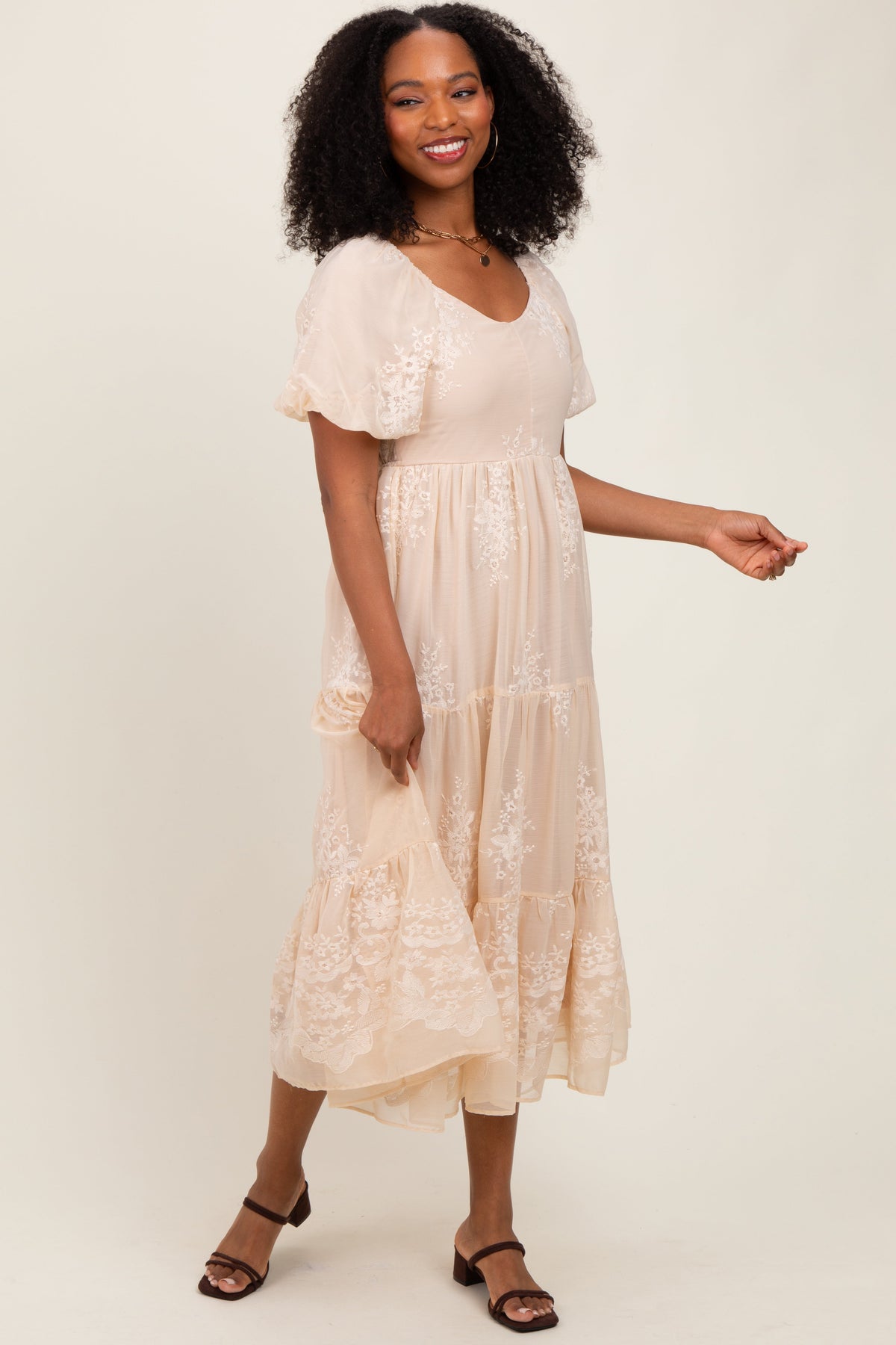 Beige Floral Embroidered Chiffon Maternity Midi Dress