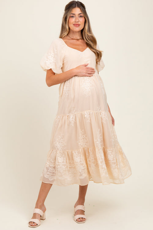 Beige Floral Embroidered Chiffon Maternity Midi Dress