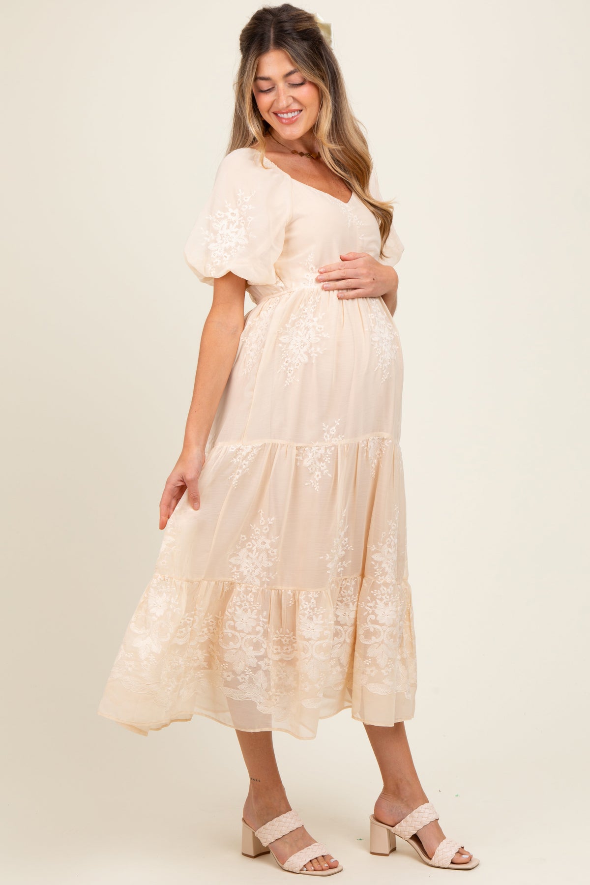 Beige Floral Embroidered Chiffon Maternity Midi Dress