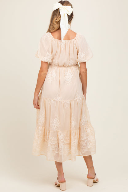 Beige Floral Embroidered Chiffon Maternity Midi Dress