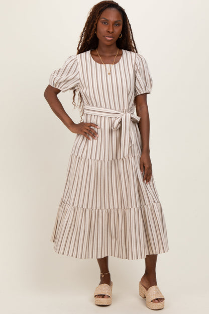 Ivory Stripe Tiered Tied Waist Maternity Midi Dress