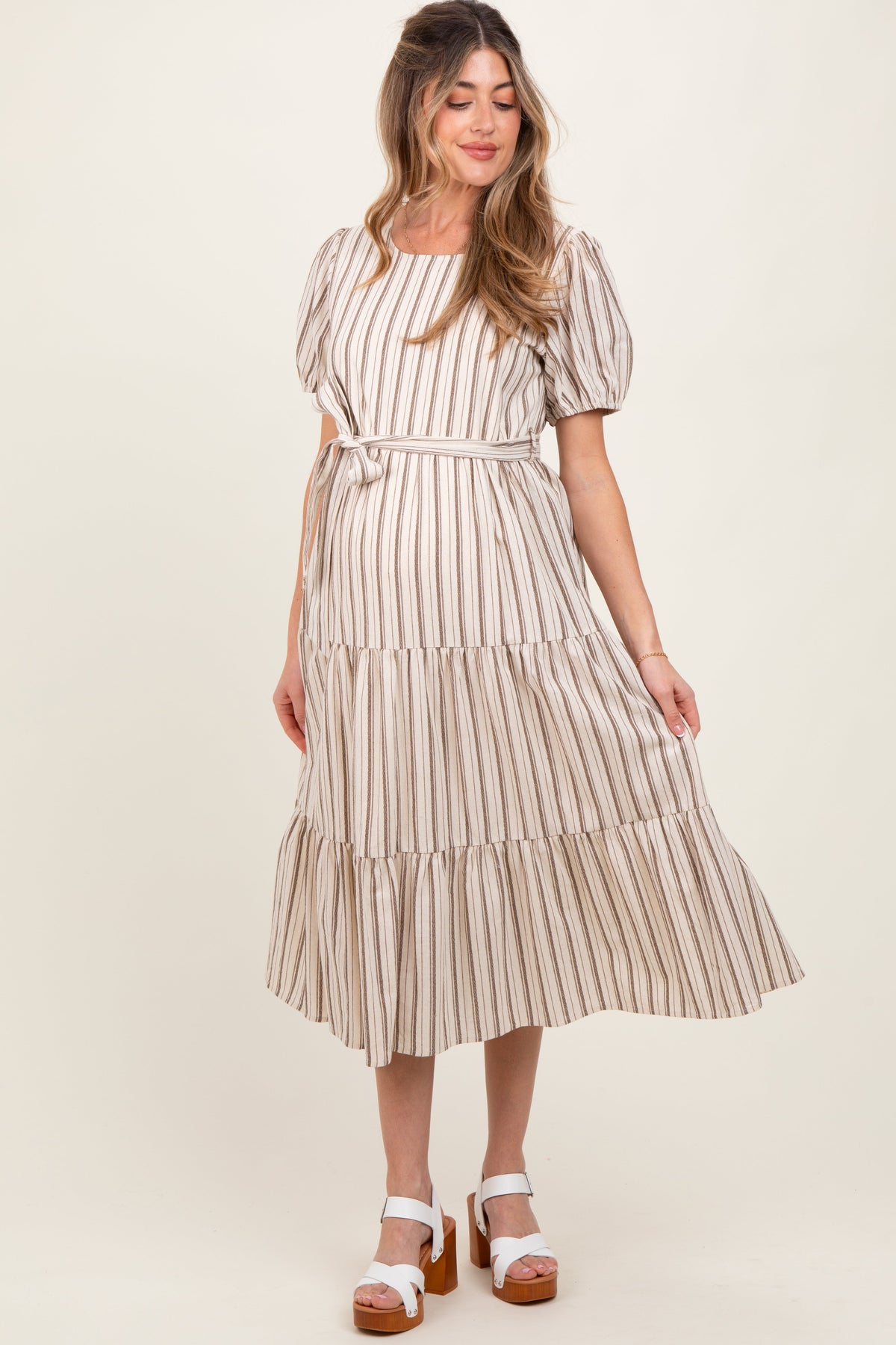 Ivory Stripe Tiered Tied Waist Maternity Midi Dress