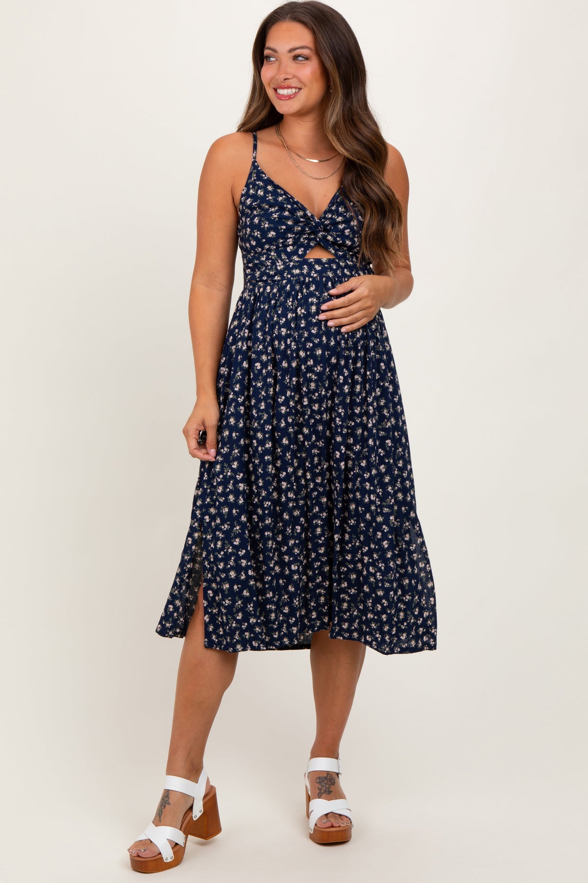Navy Floral Twist Front Cut Out Maternity Midi Dress