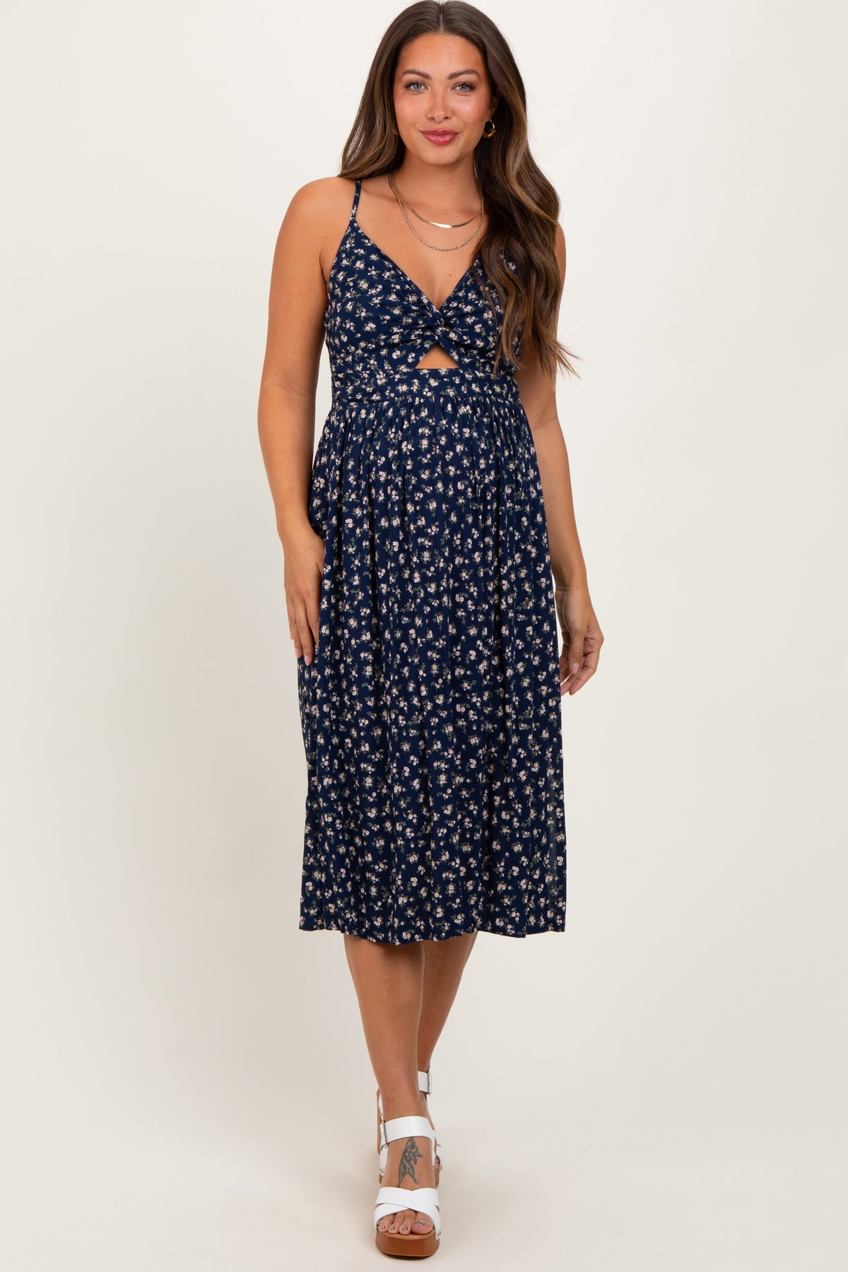 Navy Floral Twist Front Cut Out Maternity Midi Dress