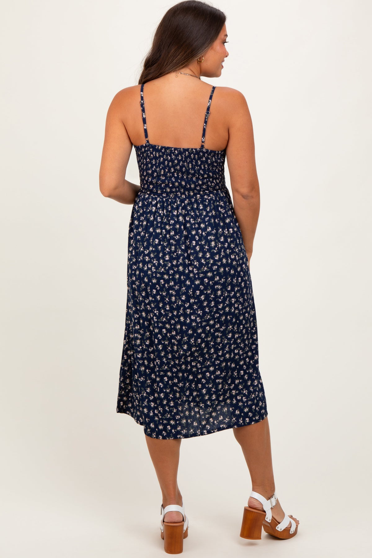 Navy Floral Twist Front Cut Out Maternity Midi Dress