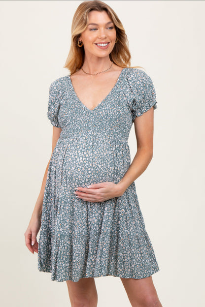 Light Olive Floral Smocked V-Neck Flutter Sleeve Maternity Dress