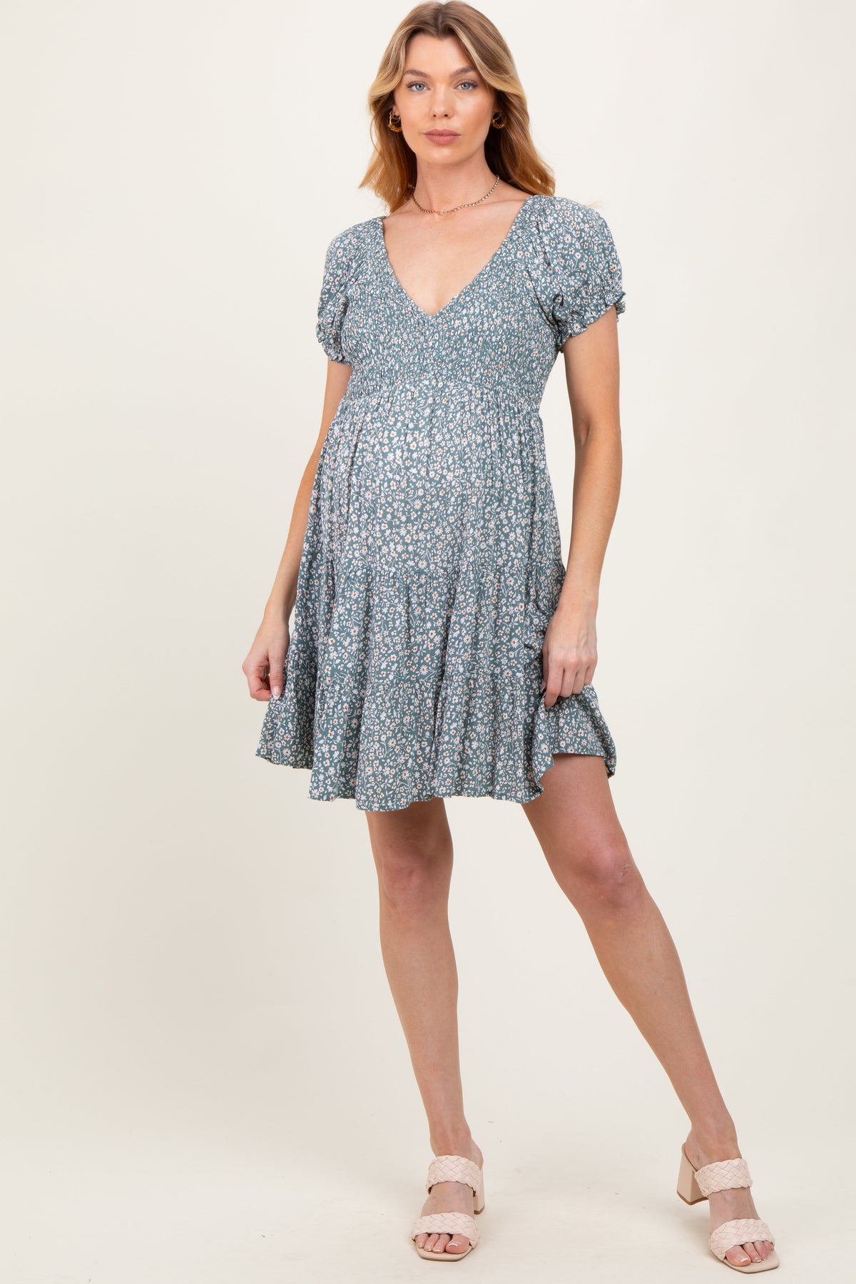 Light Olive Floral Smocked V-Neck Flutter Sleeve Maternity Dress