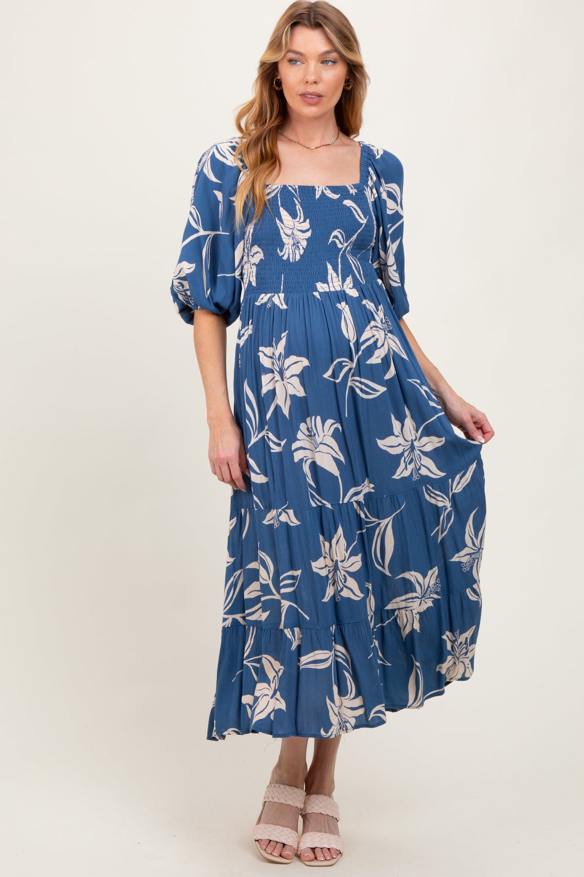 Blue Smocked Puff Sleeve Maternity Midi Dress