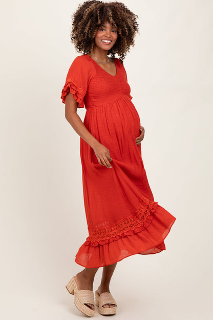 Rust Smocked Crochet Ruffle Trim Maternity Midi Dress