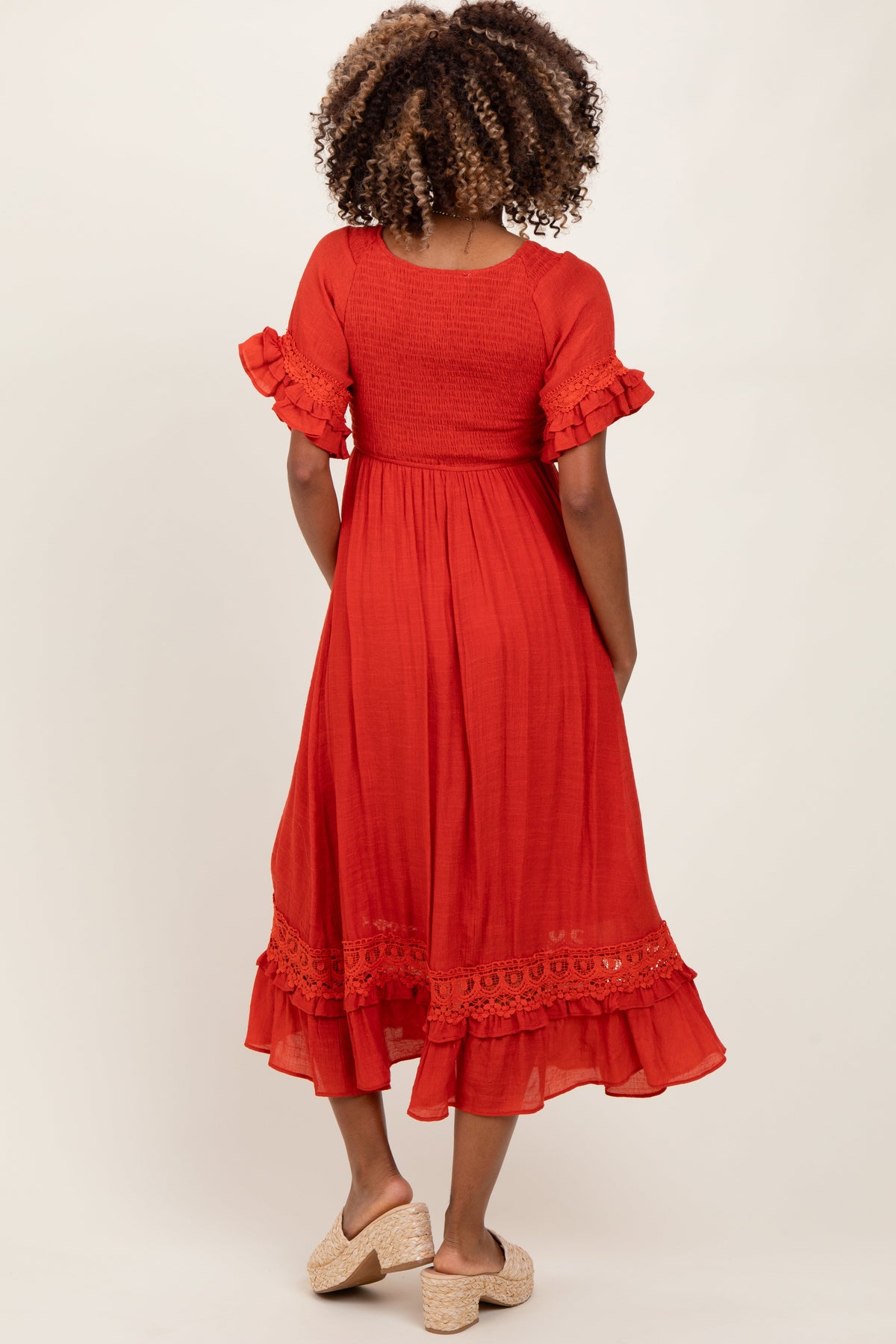 Rust Smocked Crochet Ruffle Trim Maternity Midi Dress