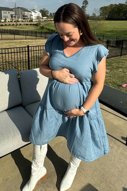 Blue Flutter Sleeve Tiered Maternity Dress