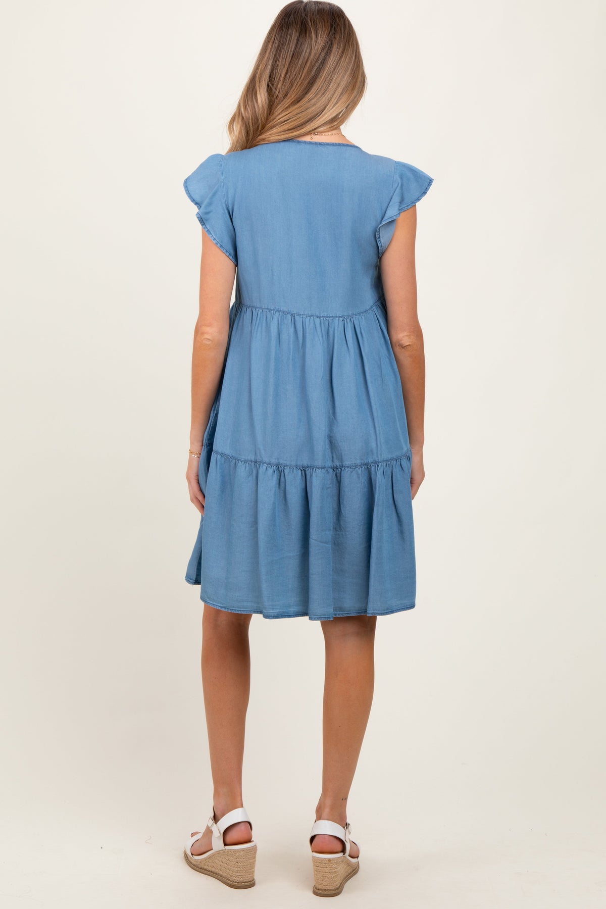 Blue Flutter Sleeve Tiered Maternity Dress