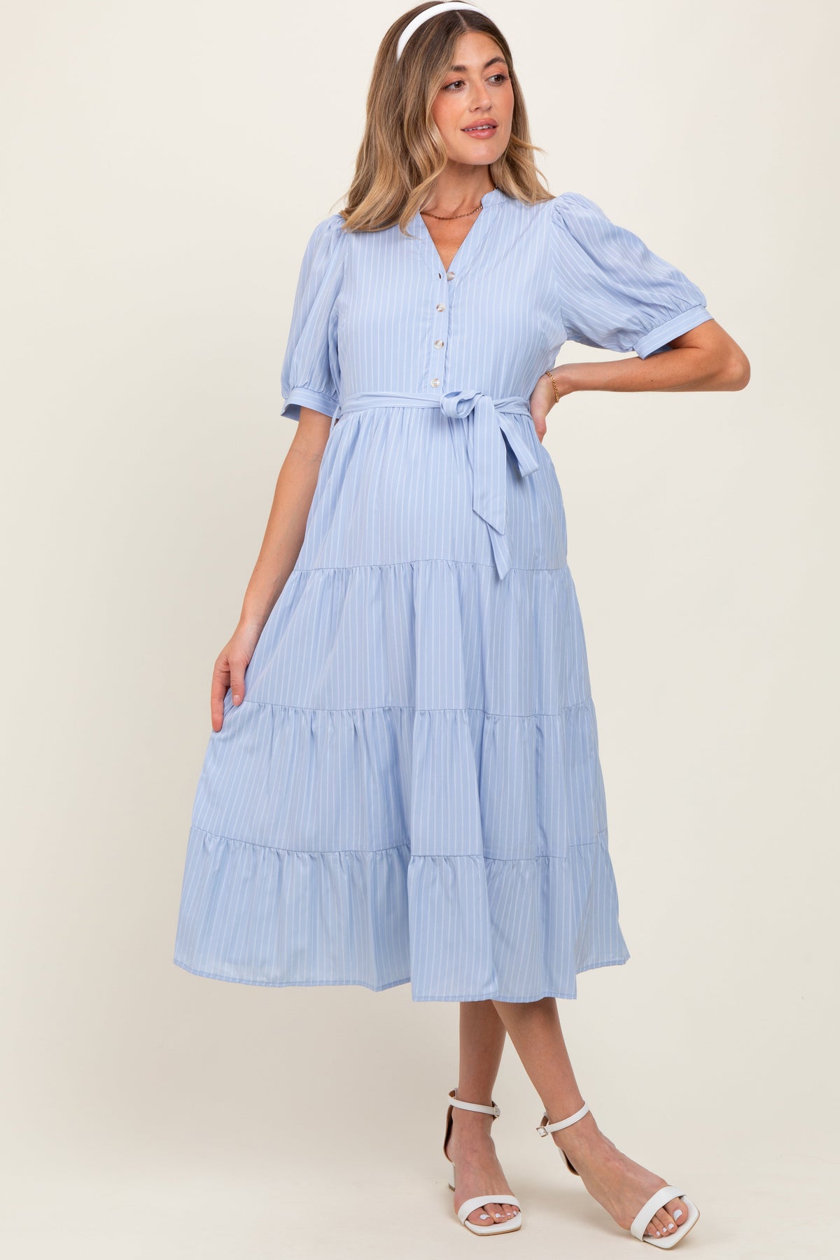 Light Blue Striped Button Up Tiered Maternity Maxi Dress