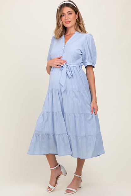 Light Blue Striped Button Up Tiered Maternity Maxi Dress