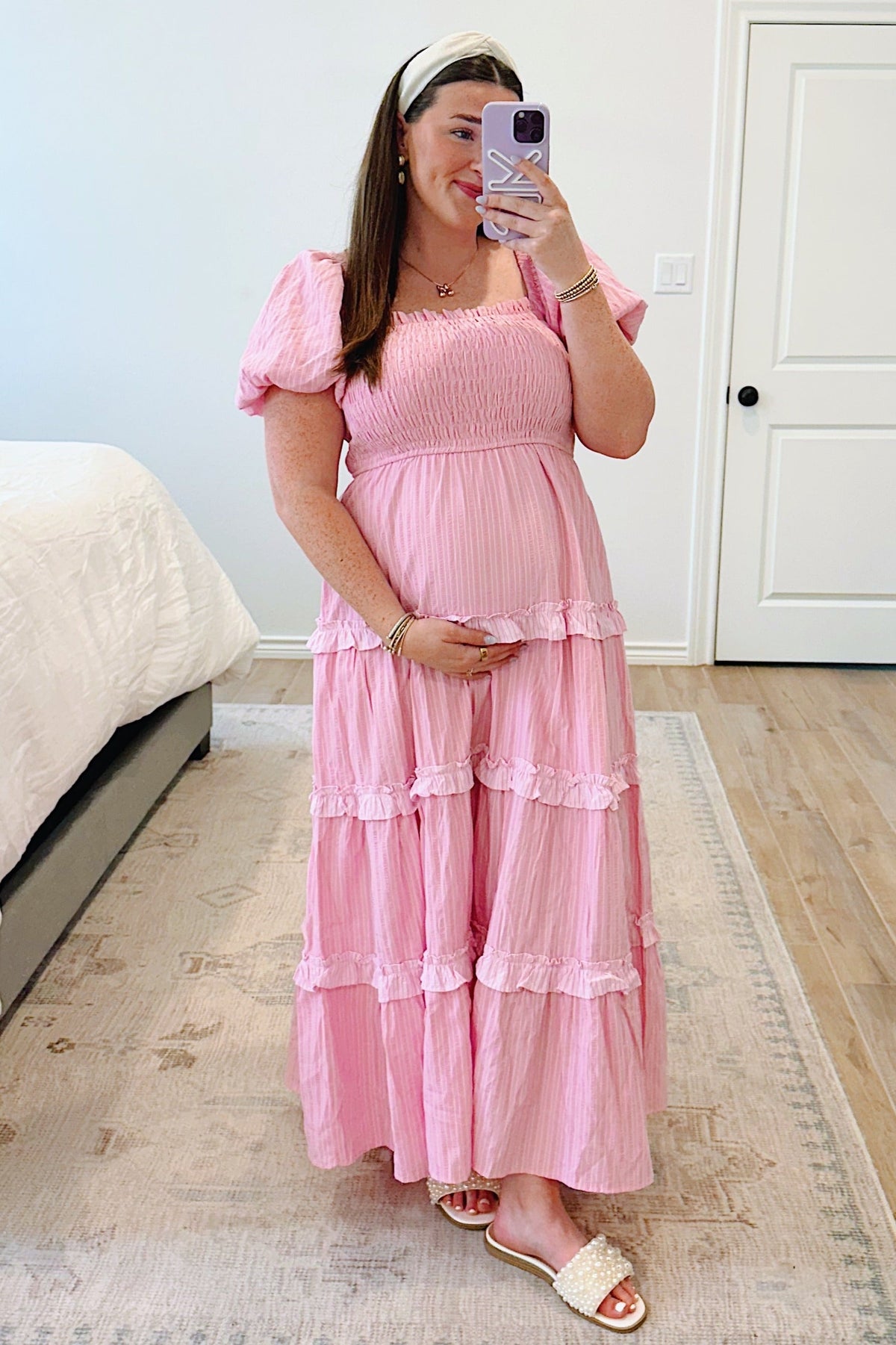 Pink Smocked Ruffle Tiered Puff Sleeve Maternity Maxi Dress