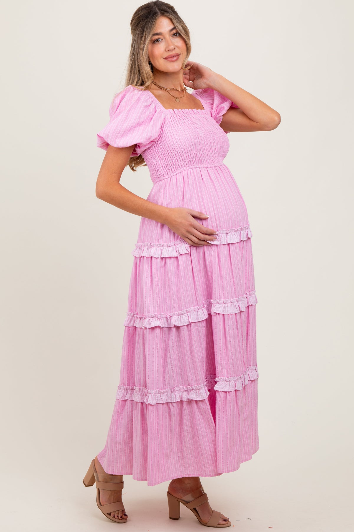 Pink Smocked Ruffle Tiered Puff Sleeve Maternity Maxi Dress
