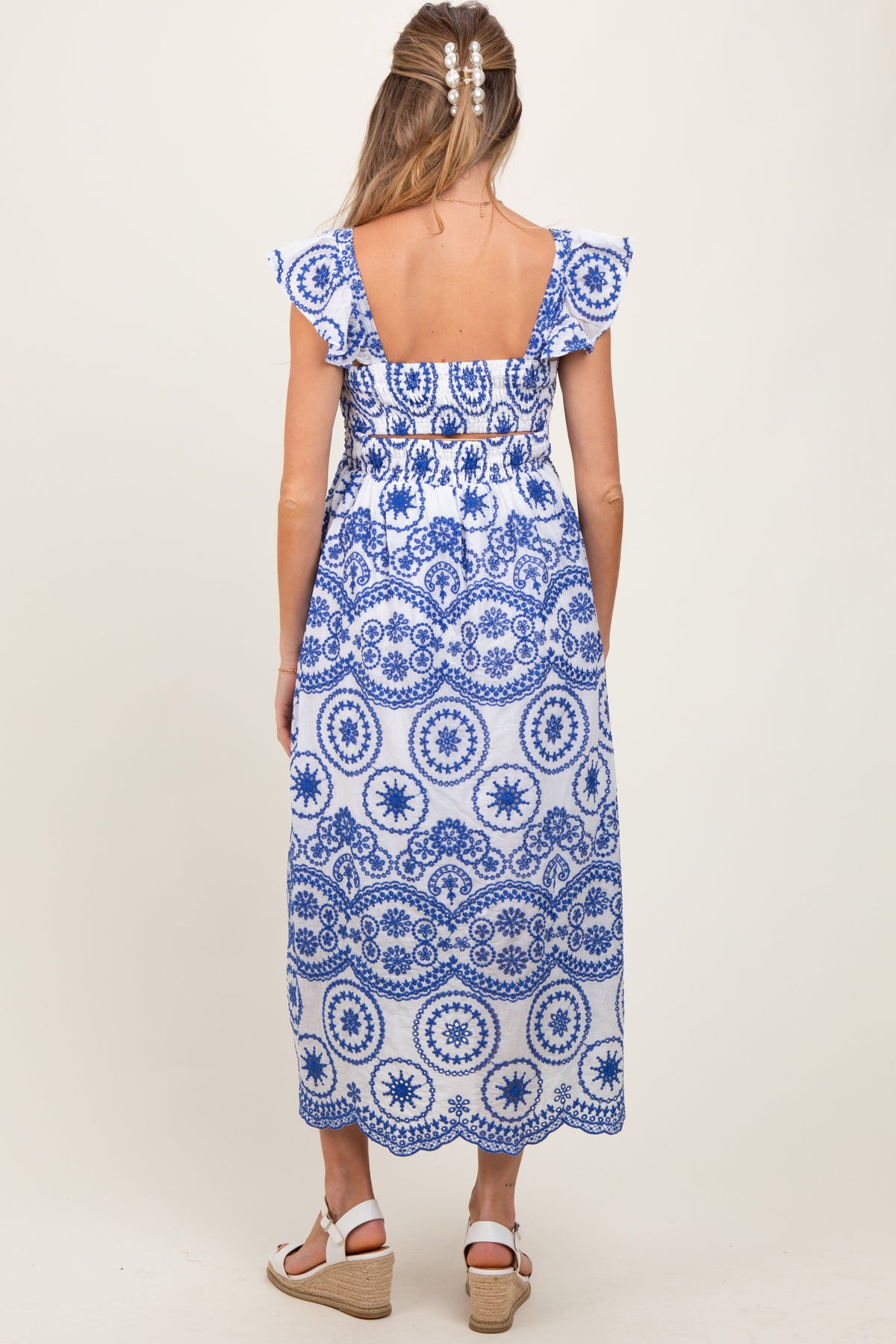 Light Navy Embroidered Smocked Cutout Maternity Midi Dress