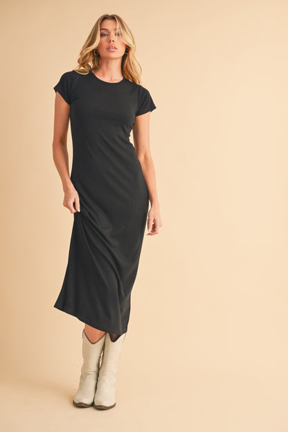 Black Basic Crewneck Maternity Midi Dress
