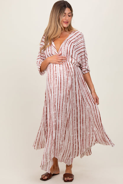 Rust Printed Deep V-Neck Maternity Midi Dress