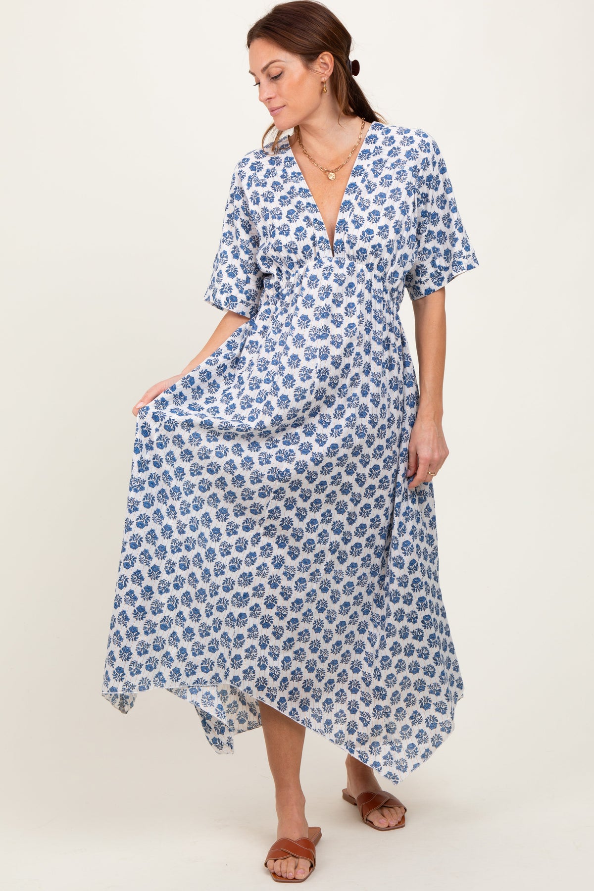 Navy Floral Deep V-Neck Handkerchief Hem Maternity Maxi Dress