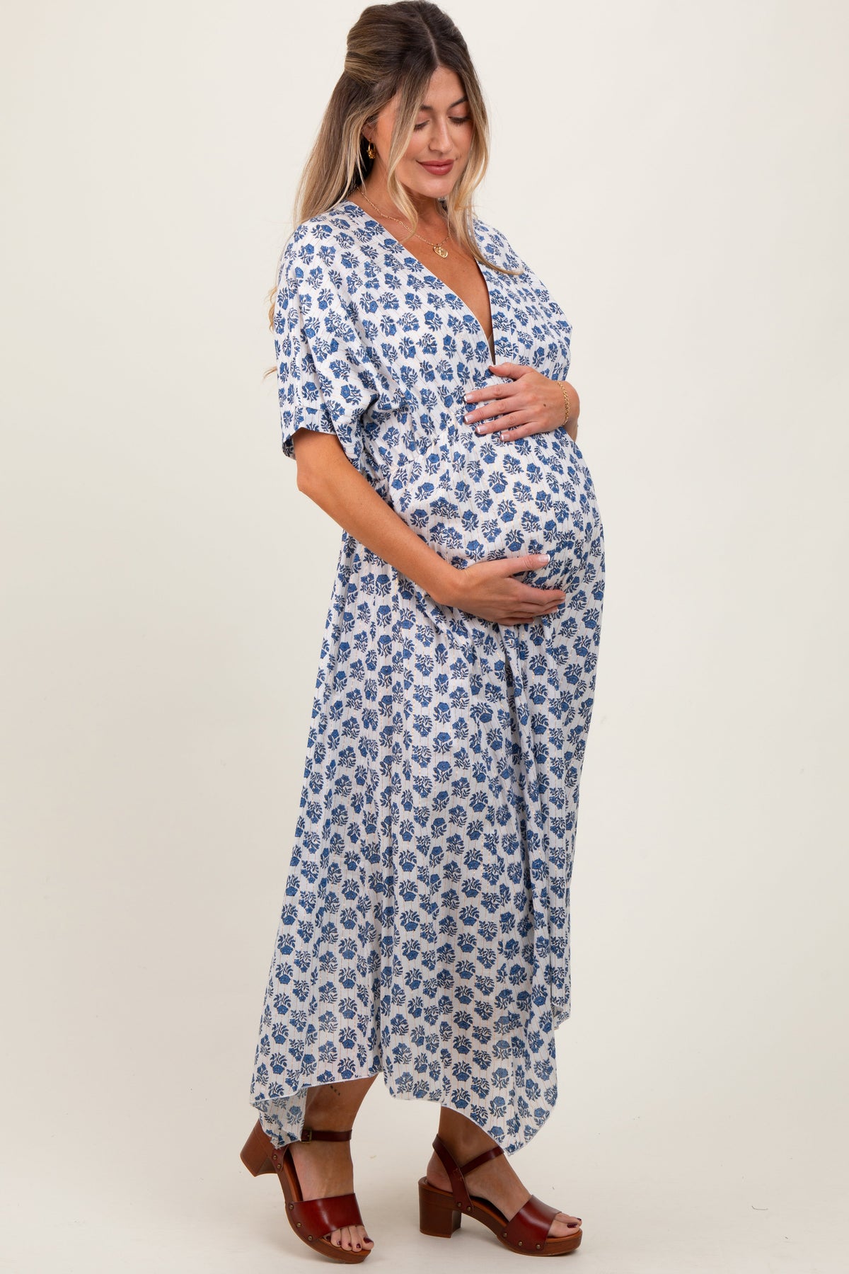 Navy Floral Deep V-Neck Handkerchief Hem Maternity Maxi Dress
