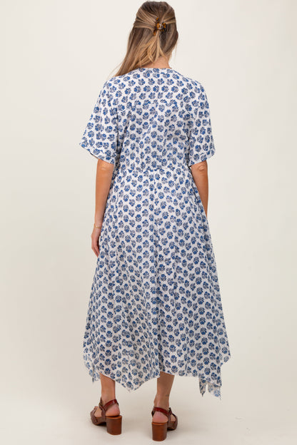 Navy Floral Deep V-Neck Handkerchief Hem Maternity Maxi Dress