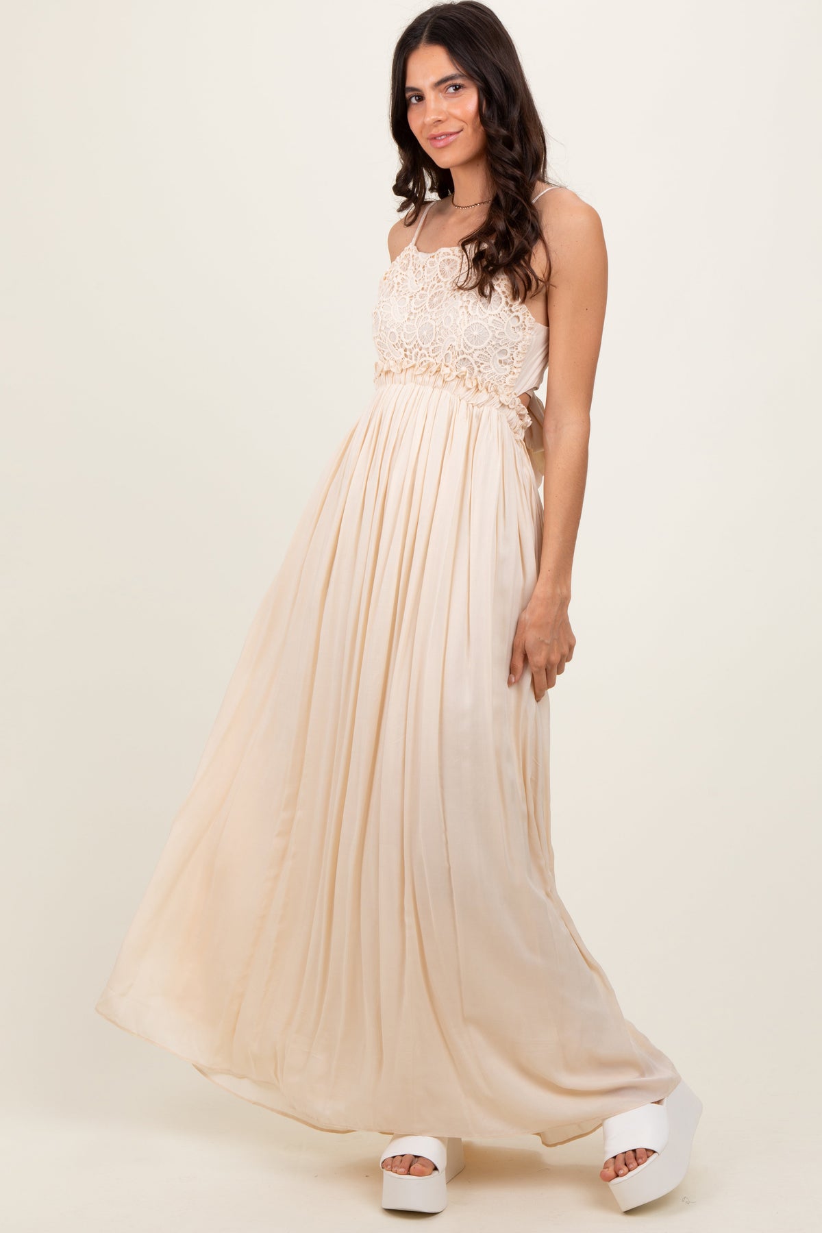 Beige Lace Bodice Cutout Tie Back Maternity Maxi Dress