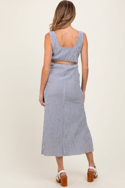 Navy Striped Sleeveless Cutout Side Slit Maternity Maxi Dress