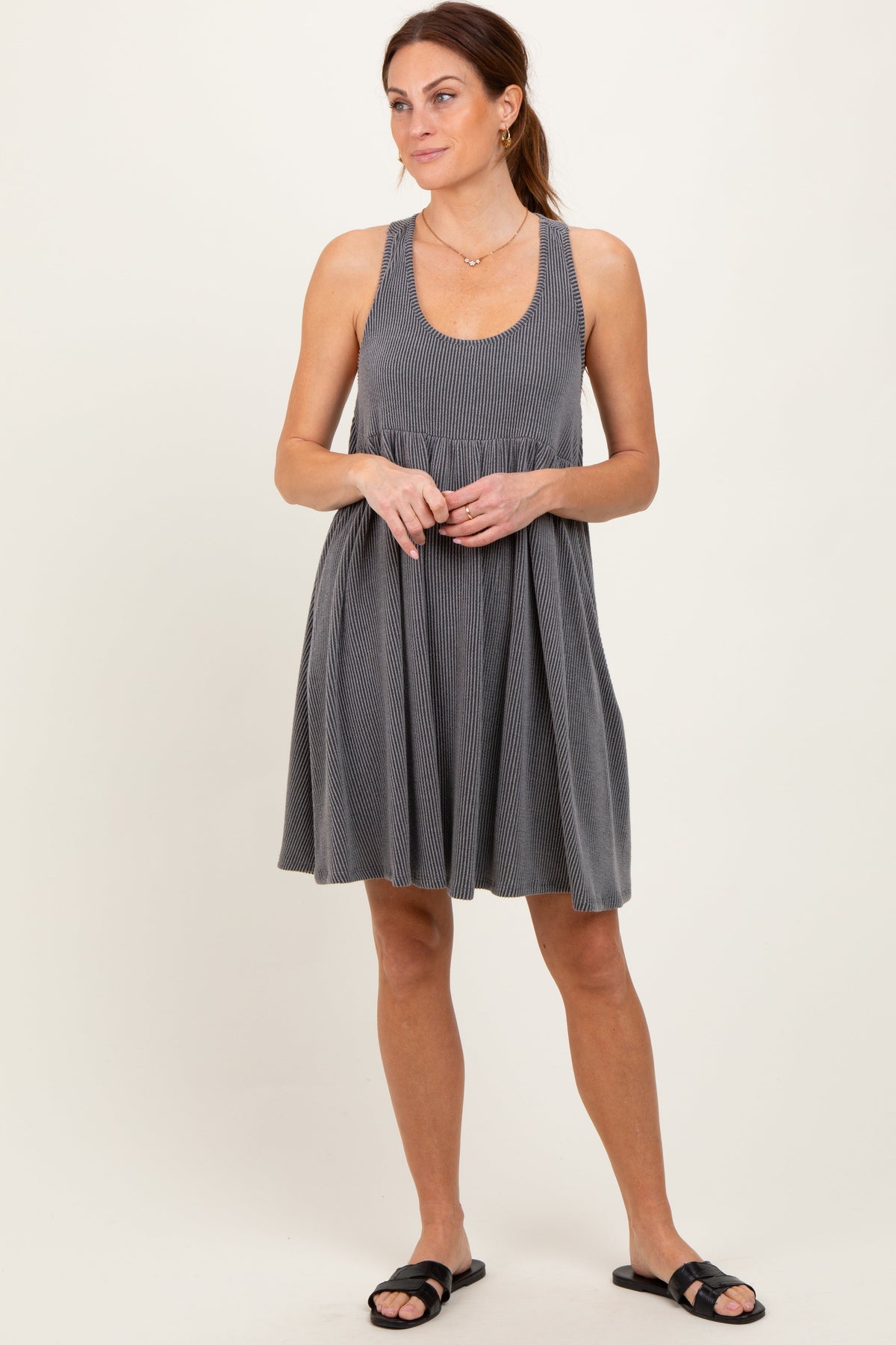 Charcoal Ribbed Sleeveless Open Back Maternity Midi Dress