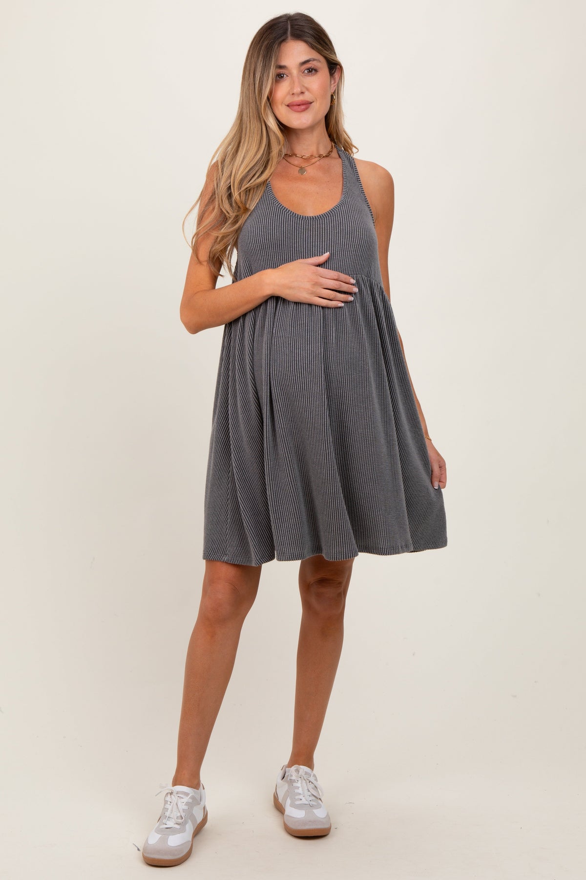 Charcoal Ribbed Sleeveless Open Back Maternity Midi Dress