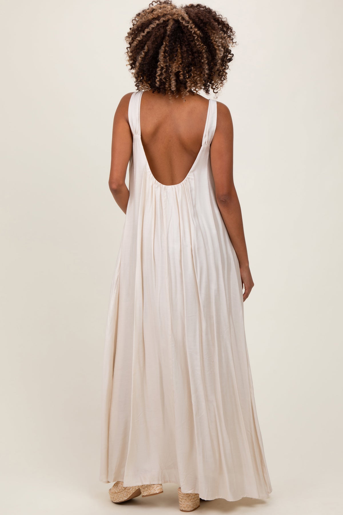Cream O-Ring Strap Scoop Back Maternity Maxi Dress