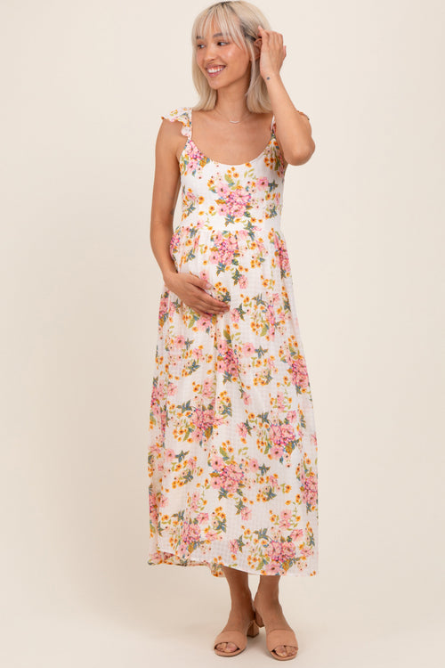 Cream Floral Cutout Tie Back Maternity Midi Dress