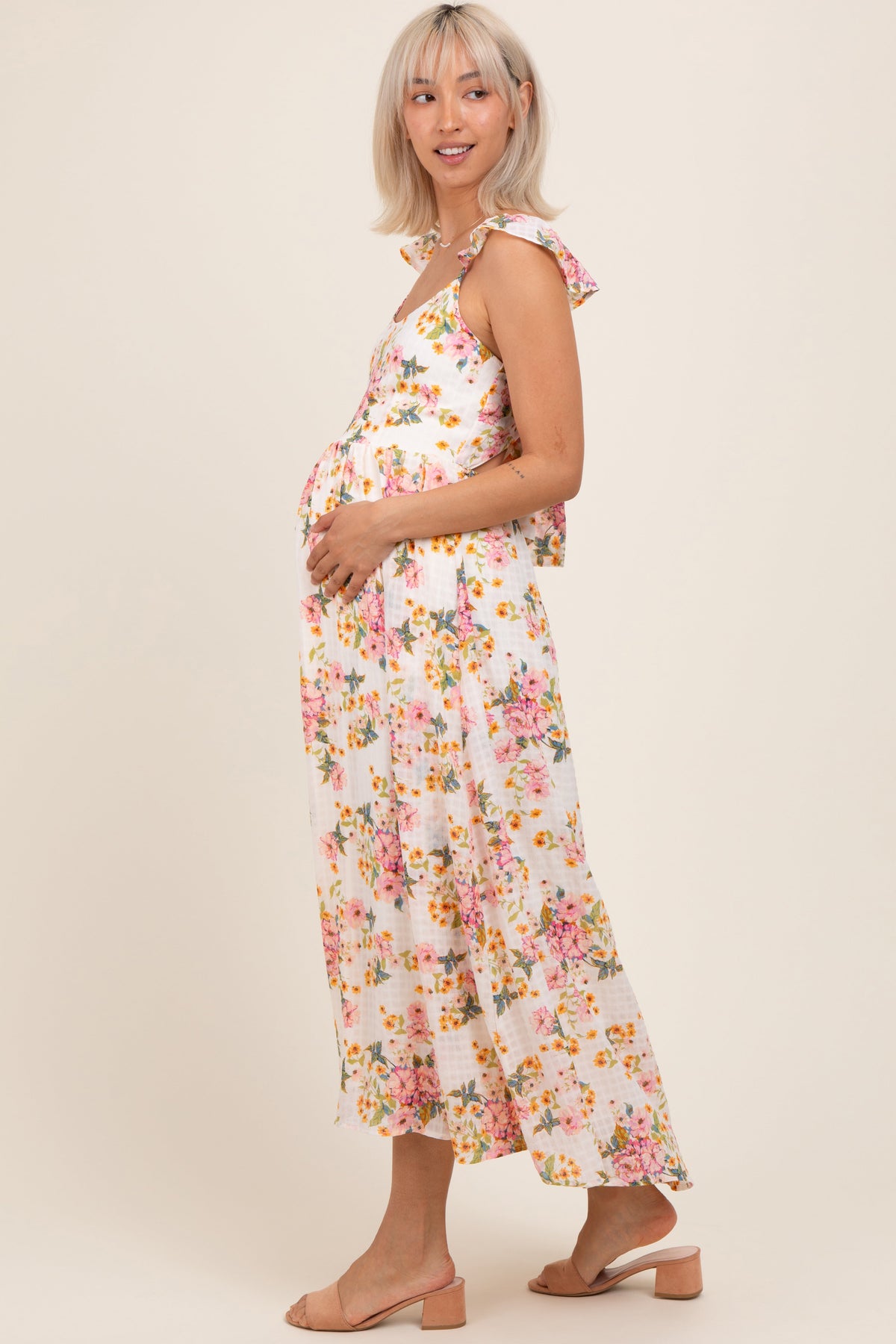 Cream Floral Cutout Tie Back Maternity Midi Dress