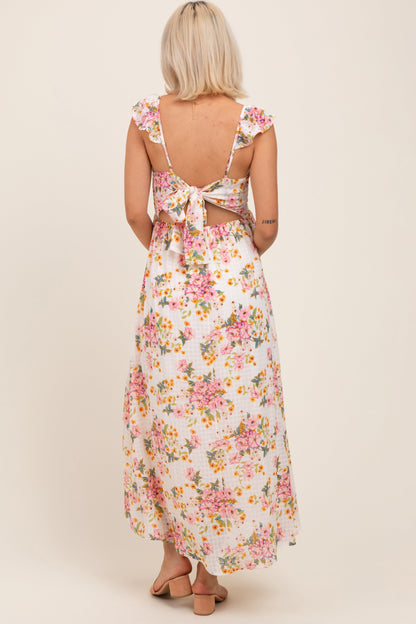 Cream Floral Cutout Tie Back Maternity Midi Dress