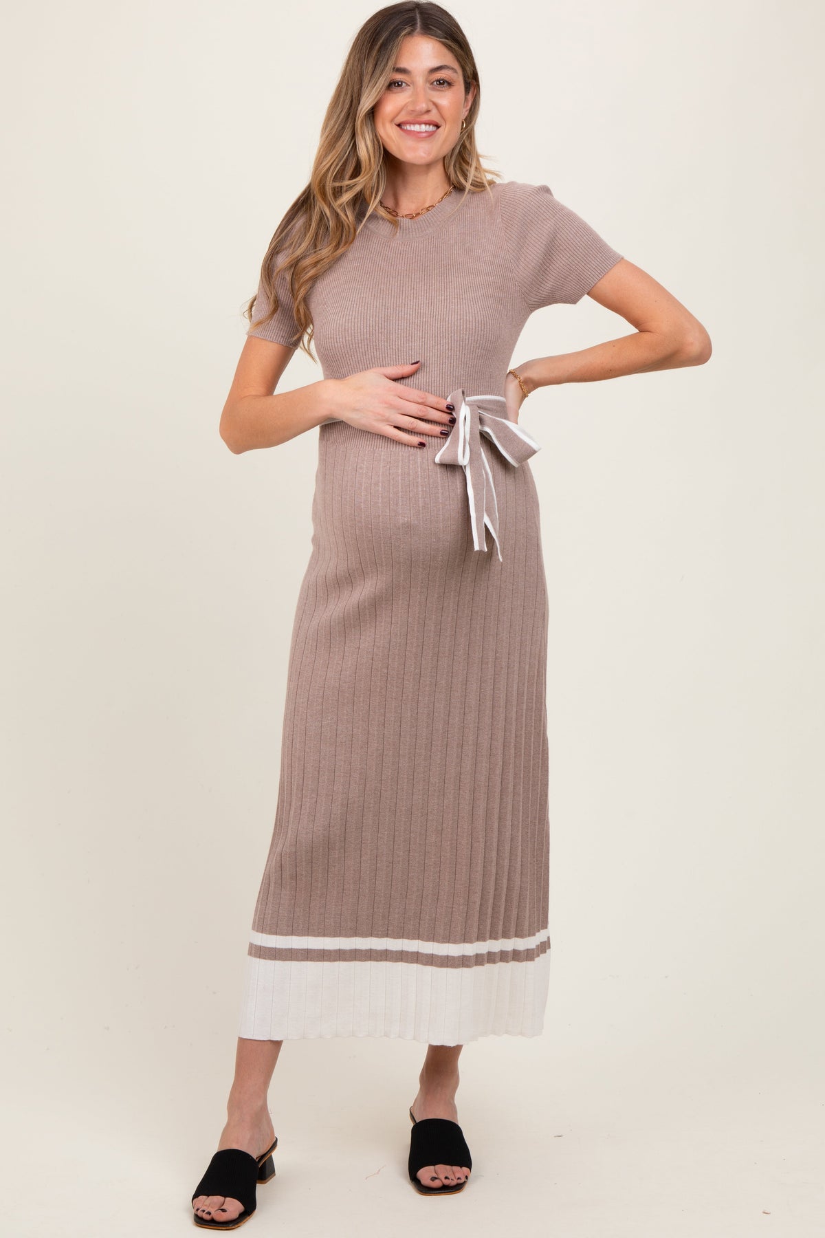 Mocha Ribbed Knit Pleated Maternity Midi Dress