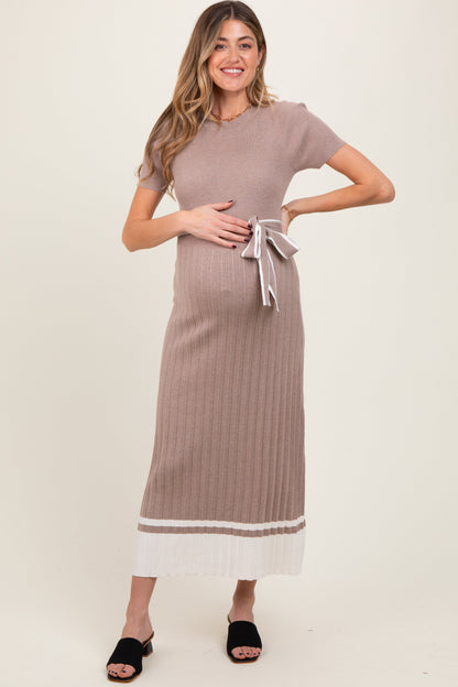 Mocha Ribbed Knit Pleated Maternity Midi Dress