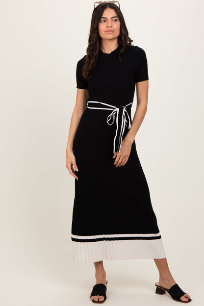 Black Ribbed Knit Pleated Maternity Midi Dress