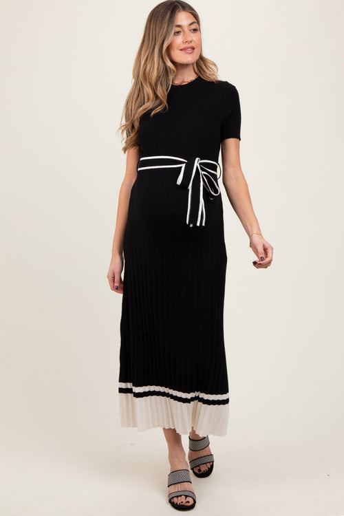 Black Ribbed Knit Pleated Maternity Midi Dress