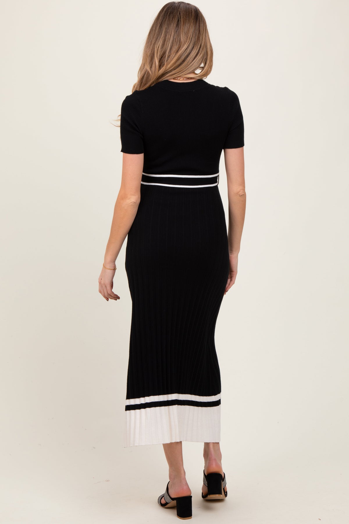 Black Ribbed Knit Pleated Maternity Midi Dress