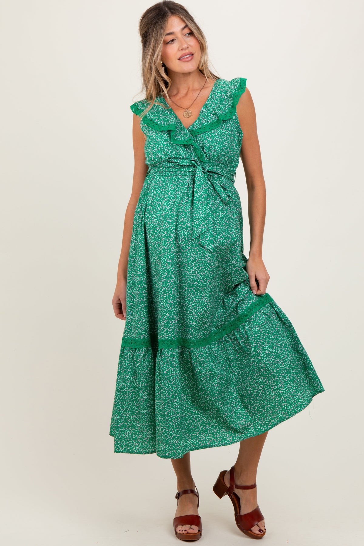 Green Ruffled Floral Cotton Maternity Maxi Dress