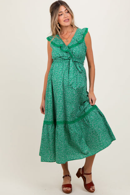 Green Ruffled Floral Cotton Maternity Maxi Dress