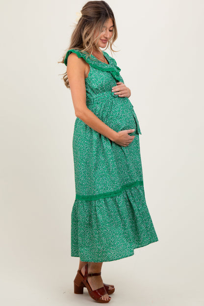Green Ruffled Floral Cotton Maternity Maxi Dress