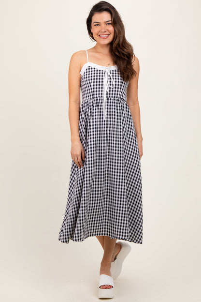 Black Gingham Smocked Trim Maternity Midi Dress