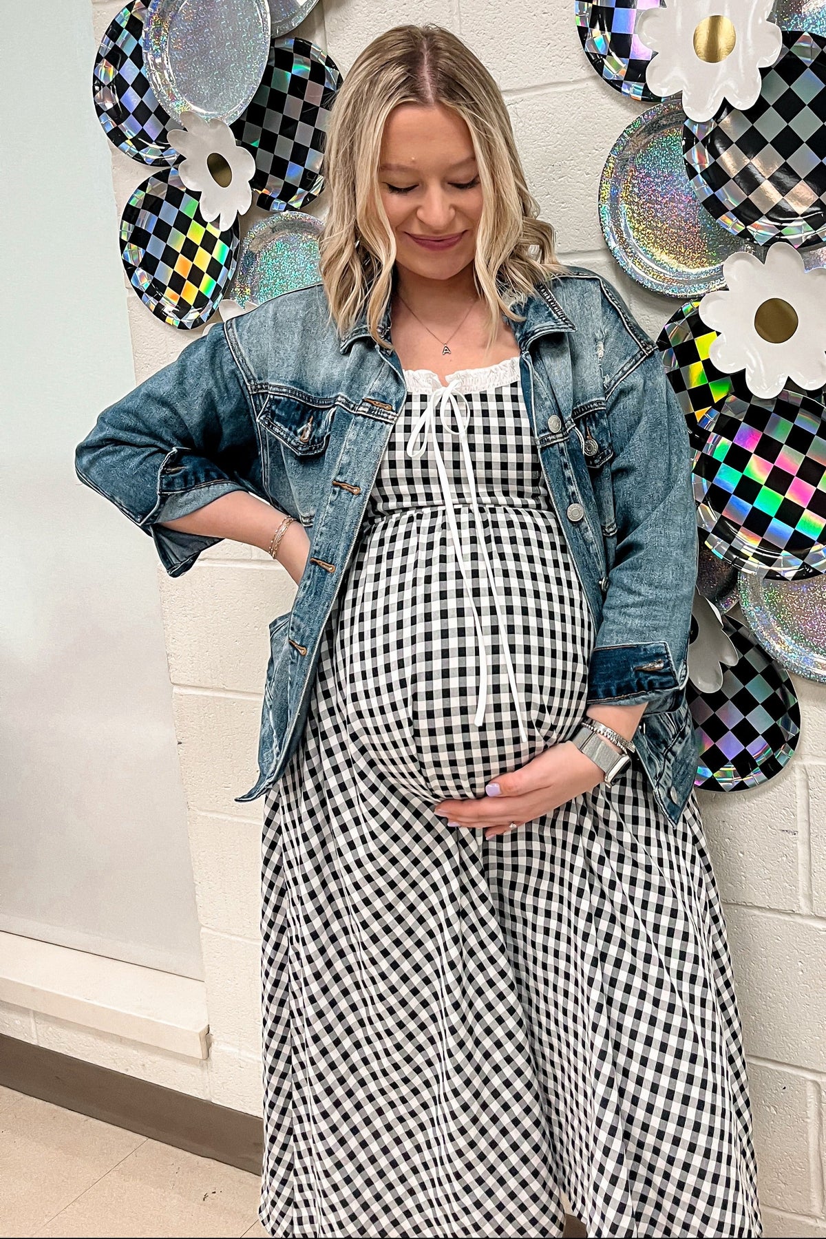 Black Gingham Smocked Trim Maternity Midi Dress