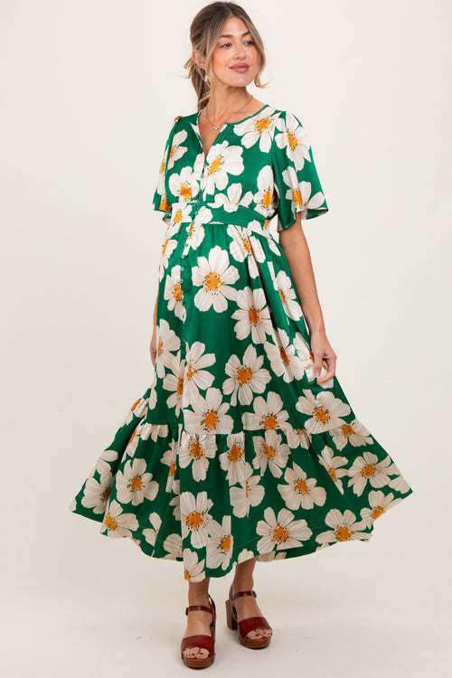 Emerald Notched Collar Floral Button Down Maternity Maxi Dress